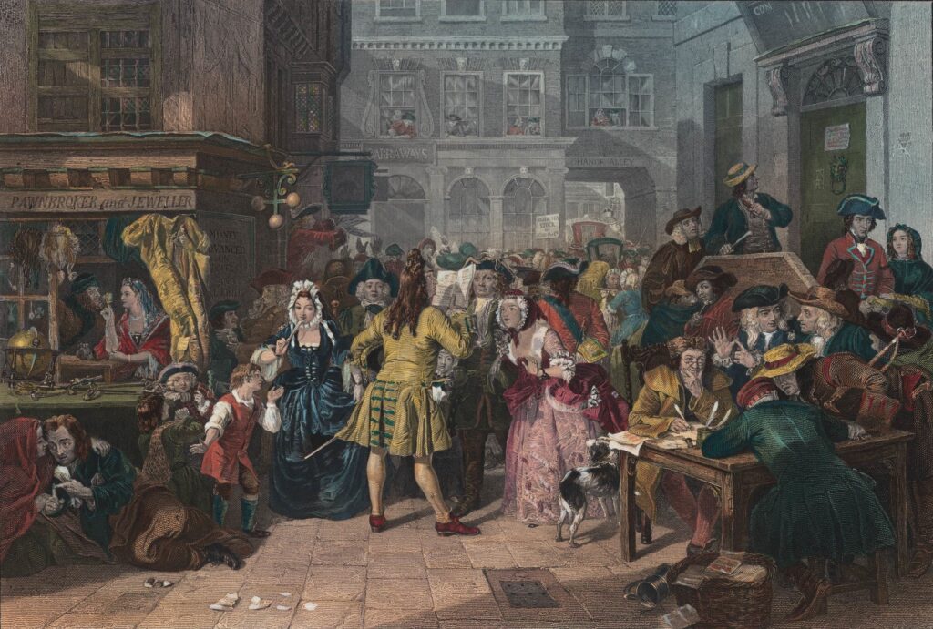 Burgers verpatsen hun sieraden om aandelen te kopen. Een illustratie van de gekte rond de South Sea Bubble in ‘Chance Alley’. Door Edward Matthew Ward, negentiende eeuw.